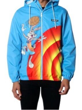 Space Jam Looney Tunes Members Only Blue Windbreaker Hoodie Jacket Size 18
